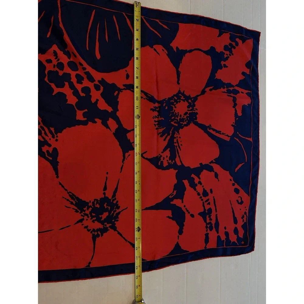 Vintage Silk Rayon Scarf Red Navy Blue Mod Floral Hand Rolled Japan 29